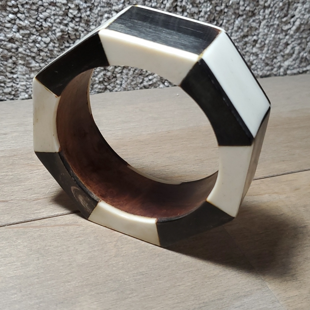 Chunky Wood & Bone Bangle Bracelet